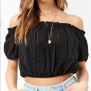 Forever 21 Off the Shoulder Eyelet Crop Top BLACK
